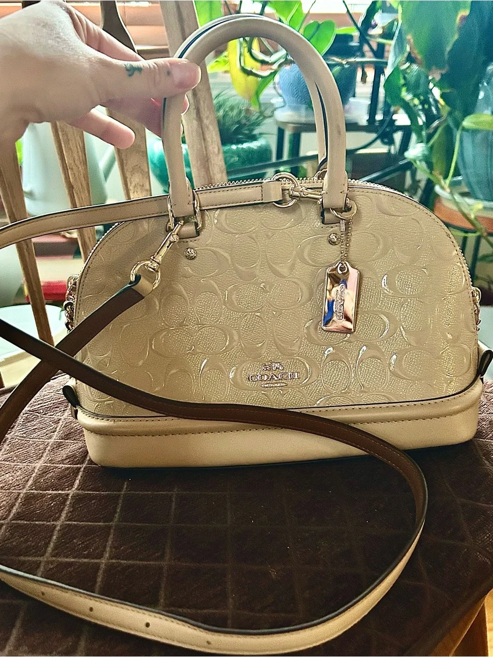 Coach Classic Katy Cream Dome Satchel with Signature Embossing and Gold Hardware
